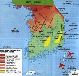 朝鲜战争形势图.1950年6月25日，朝鲜战争爆发。美国侵略者于1953年7月27日在停战协定上签字。至此，中国人民取得了抗美援朝战争的伟大胜利。